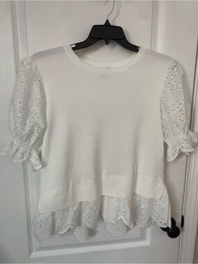 Nanette Lepore White Eyelet Puff Sleeve Sweatshirt